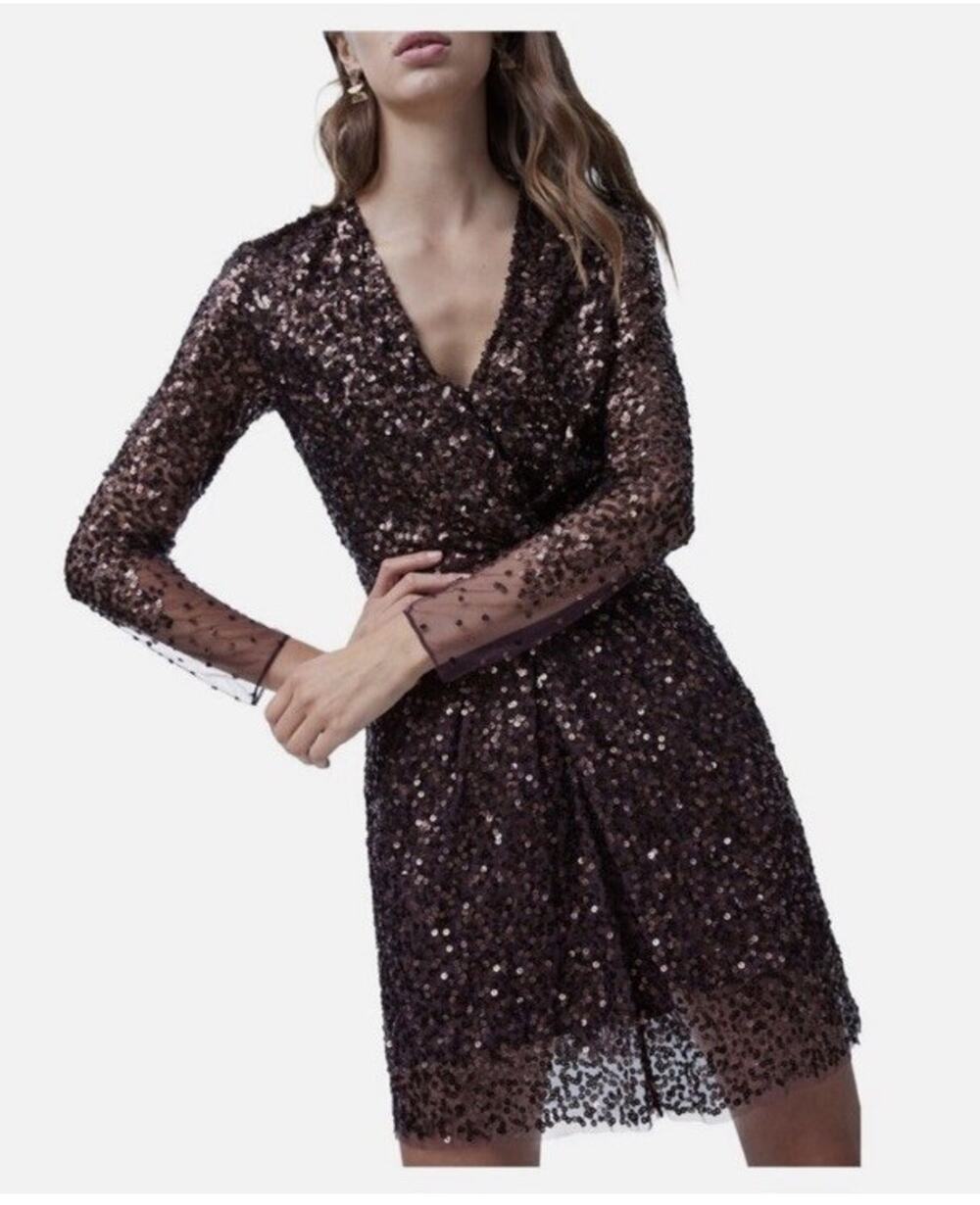 French Connection Emille Sequin Dress Size 4 NWT Burgundy Brown Long Sleeve